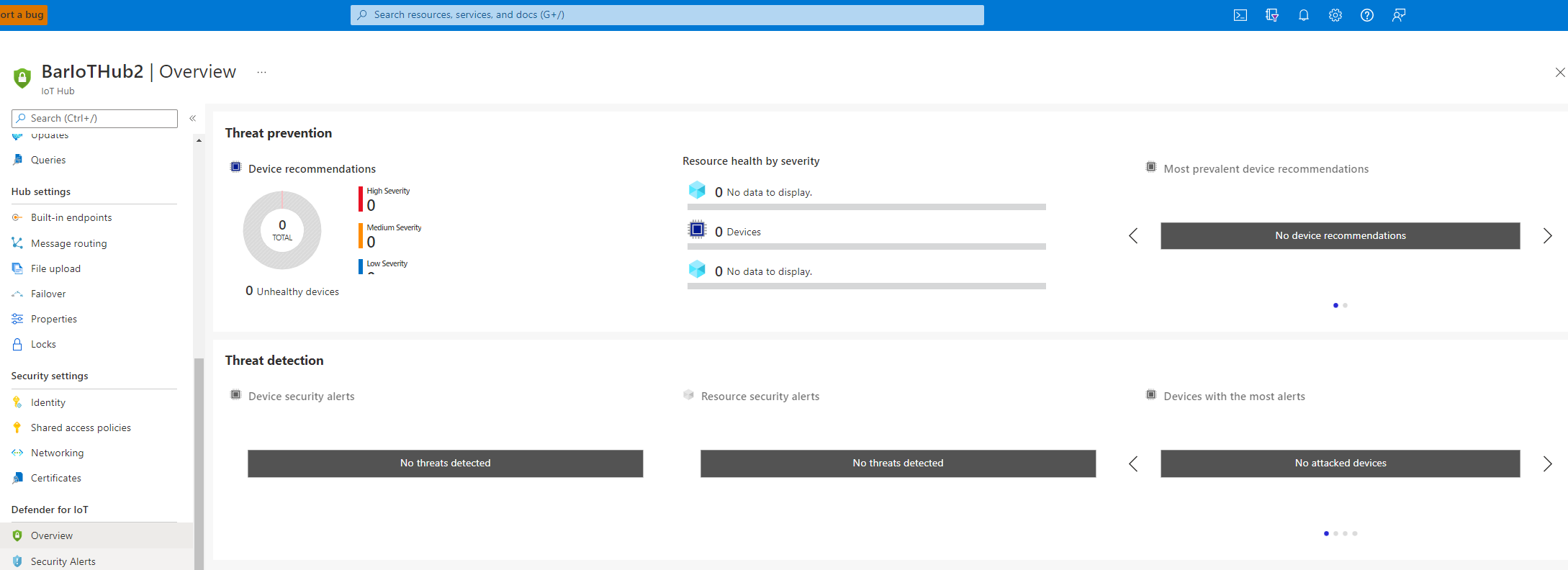 Captura de tela mostrando que o Defender para IoT está habilitado.