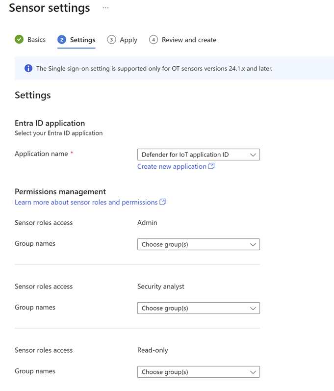 Captura de tela da configuração de permissões nas configurações do sensor do Defender para IoT.