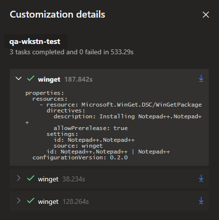 Captura de tela do painel para detalhes de personalizações, mostrando as personalizações que foram aplicadas ao computador de desenvolvimento.