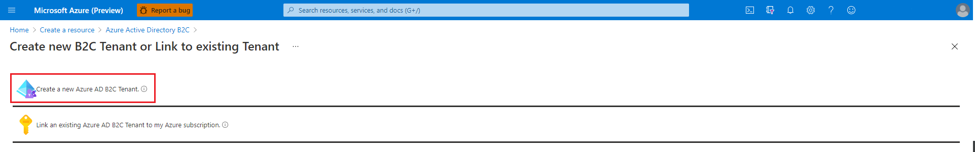 Opção do portal do Azure para criar um locatário do Azure AD B2C.