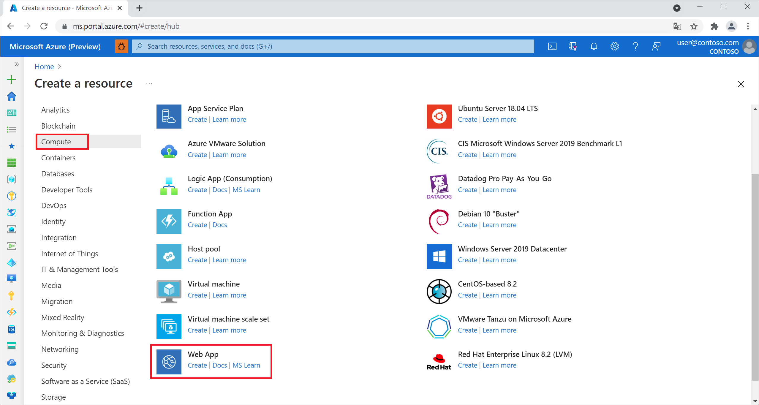 Criar um novo aplicativo Web no portal do Azure