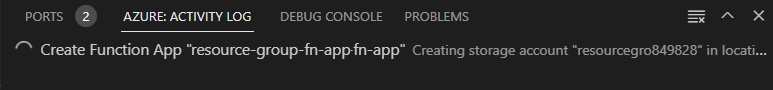 Captura de tela do log de atividades do Azure do Visual Studio Code mostrando o status de criação do recurso.