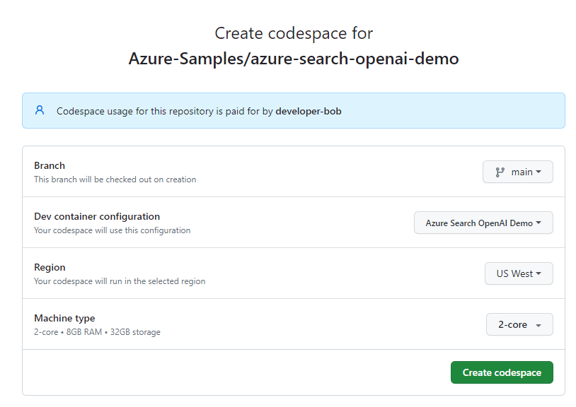 Captura de tela da tela de confirmação antes de criar um novo codespace.