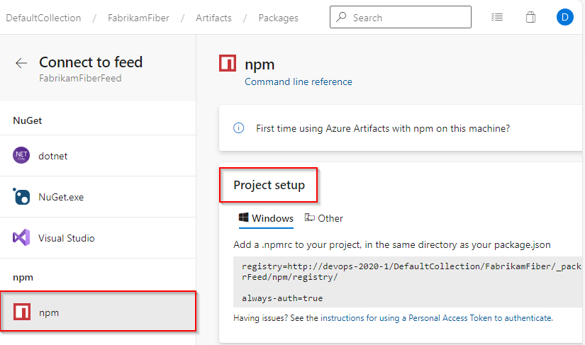 Uma captura de tela que mostra como configurar um projeto npm e se conectar a um feed do Azure Artifacts em Azure DevOps Server 2020.