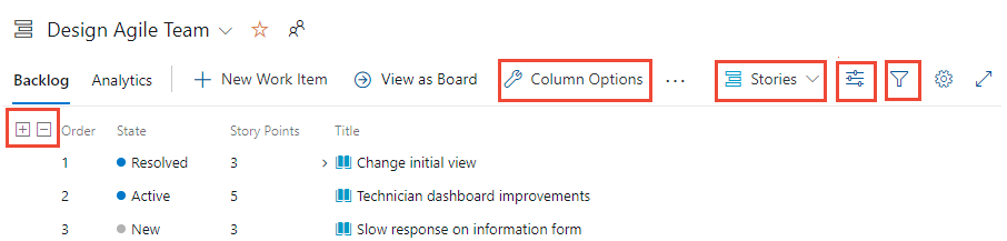 Captura de tela mostrando os quatro tipos de opções de ferramenta de configuração de lista de pendências.