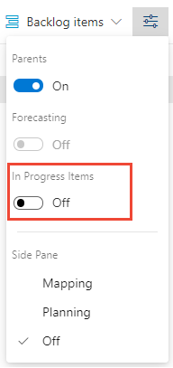 Captura de tela do seletor de opções de Exibição, controle Em andamento, versão 2019.