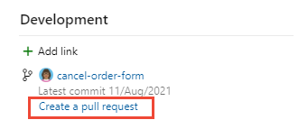 A captura de tela mostra Controle de desenvolvimento, Criar link de solicitação de pull.