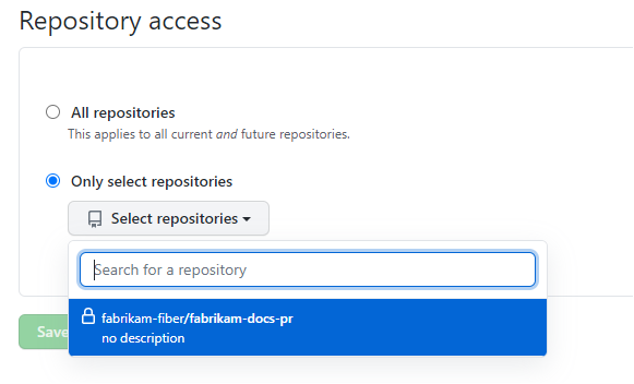 Captura de tela de Acesso ao repositório, escolha Somente repositórios selecionados.