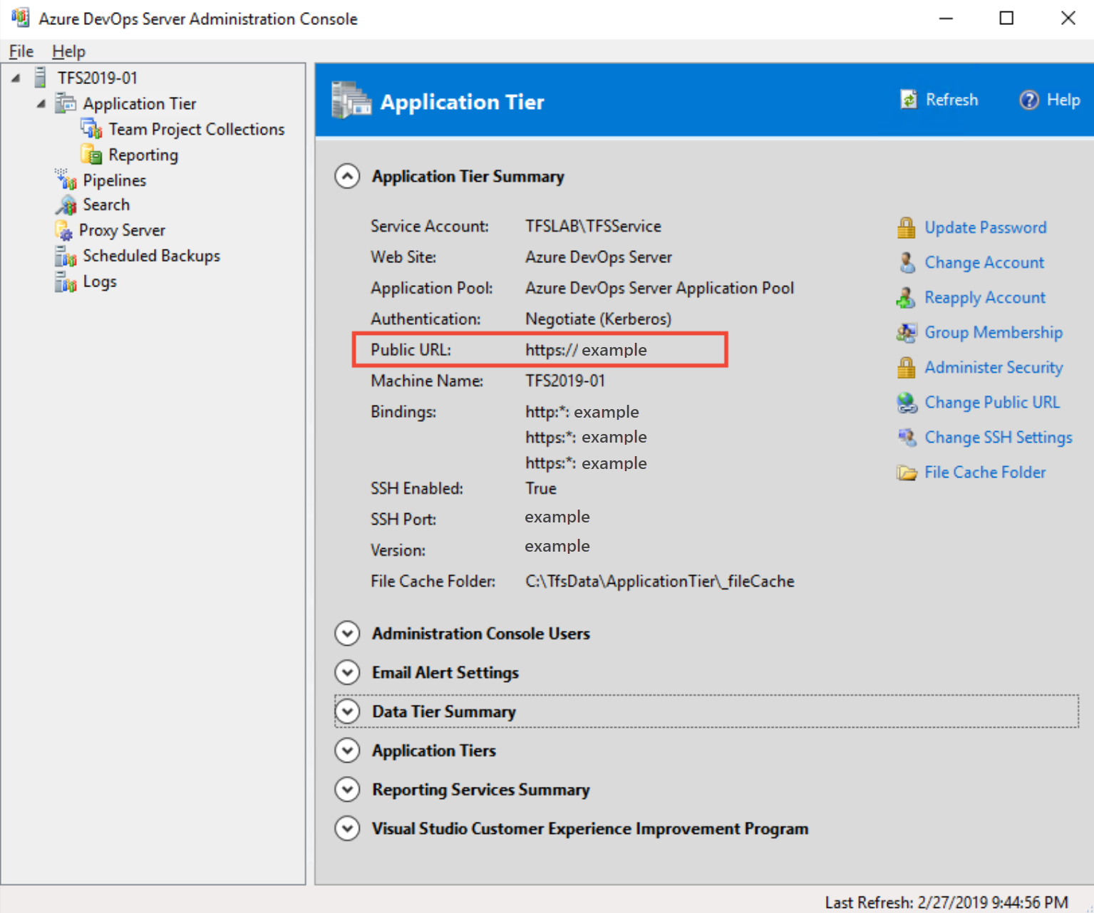 Captura de tela do console de administração do Azure DevOps Server e da camada de aplicativo.