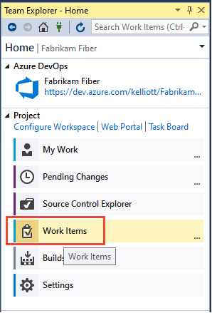 Captura de tela da página inicial do Team Explorer, com Itens de Trabalho selecionado.
