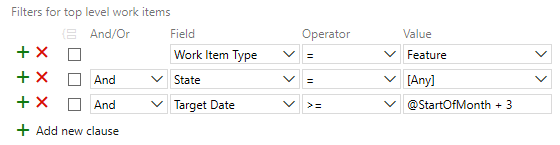 Captura de tela que mostra as cláusulas do Editor de Consultas para recursos programados para serem concluídos nos próximos três meses.