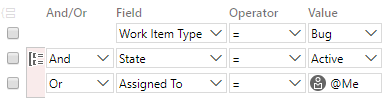 Captura de tela mostrando uma consulta de cláusula de grupo, com filtros para o campo Tipo de item de trabalho e um do campo Estado ou do campo Atribuído a.