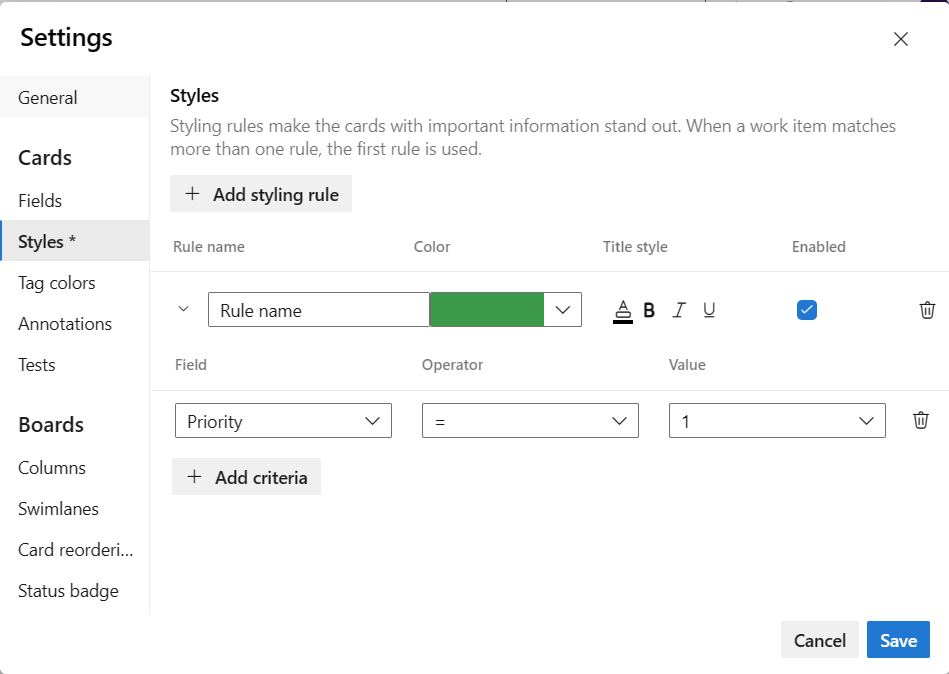 Captura de tela do diálogo Configurações, Estilos.