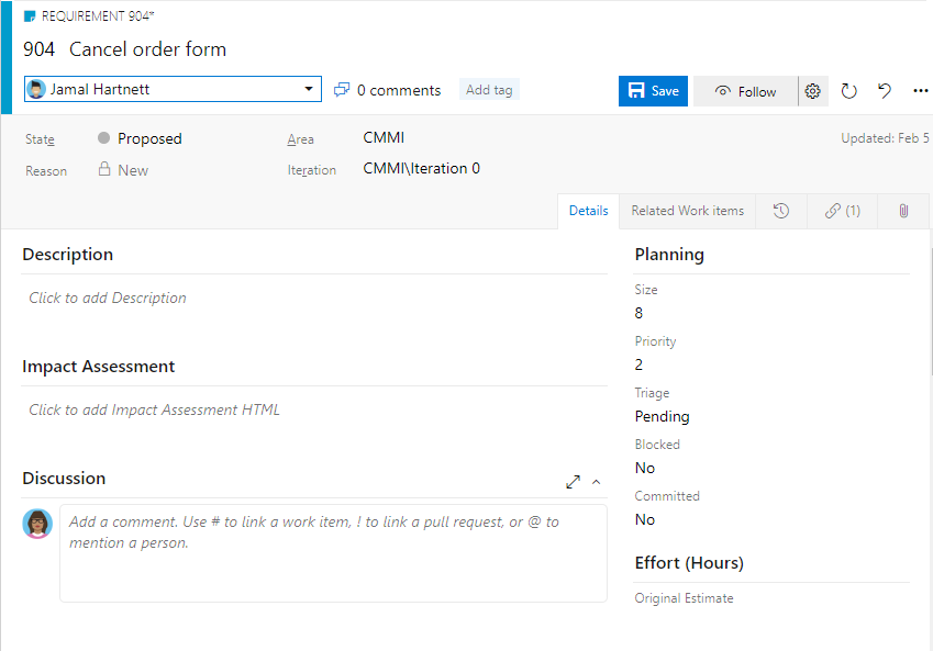 Captura de tela do formulário de item de trabalho Requisitos.