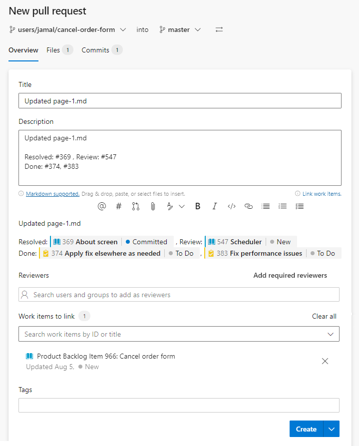 Captura de tela da solicitação de pull, estado do fluxo de trabalho definido para fazer a transição de #ID de itens de trabalho.