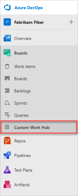 Hub personalizado adicionado a Azure Boards.