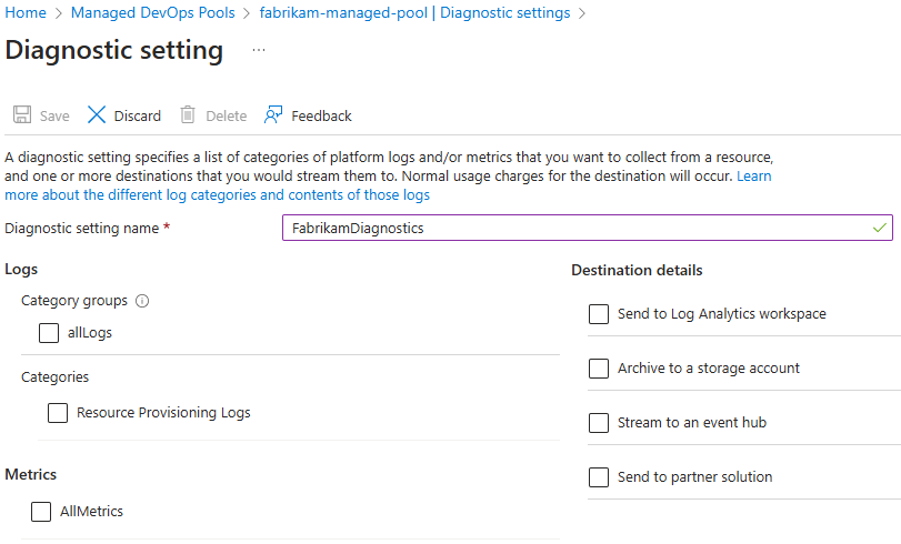 Captura de tela das configurações de diagnóstico.