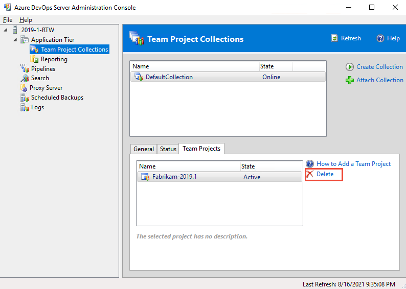 Captura de tela do Admin Console, Excluir projeto.