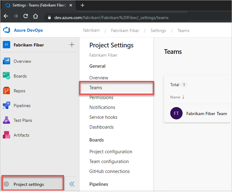 Captura de tela das configurações do projeto e botões do Teams para seleção.