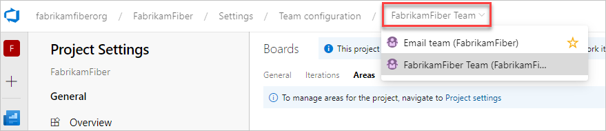 A captura de tela mostra a configuração da equipe, a trilha de navegação da equipe.