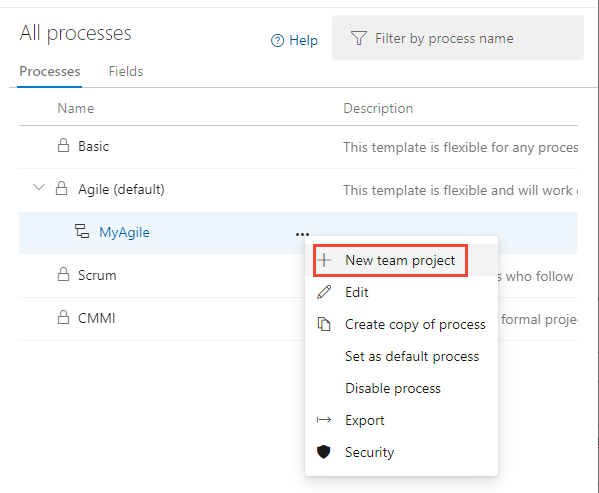 Crie um projeto a partir do processo selecionado