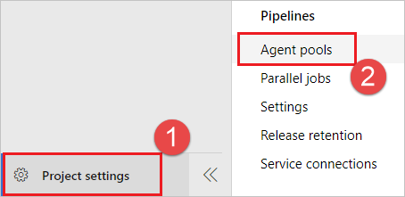 Navegue até o projeto e escolha Configurações do projeto, Pools de agentes.