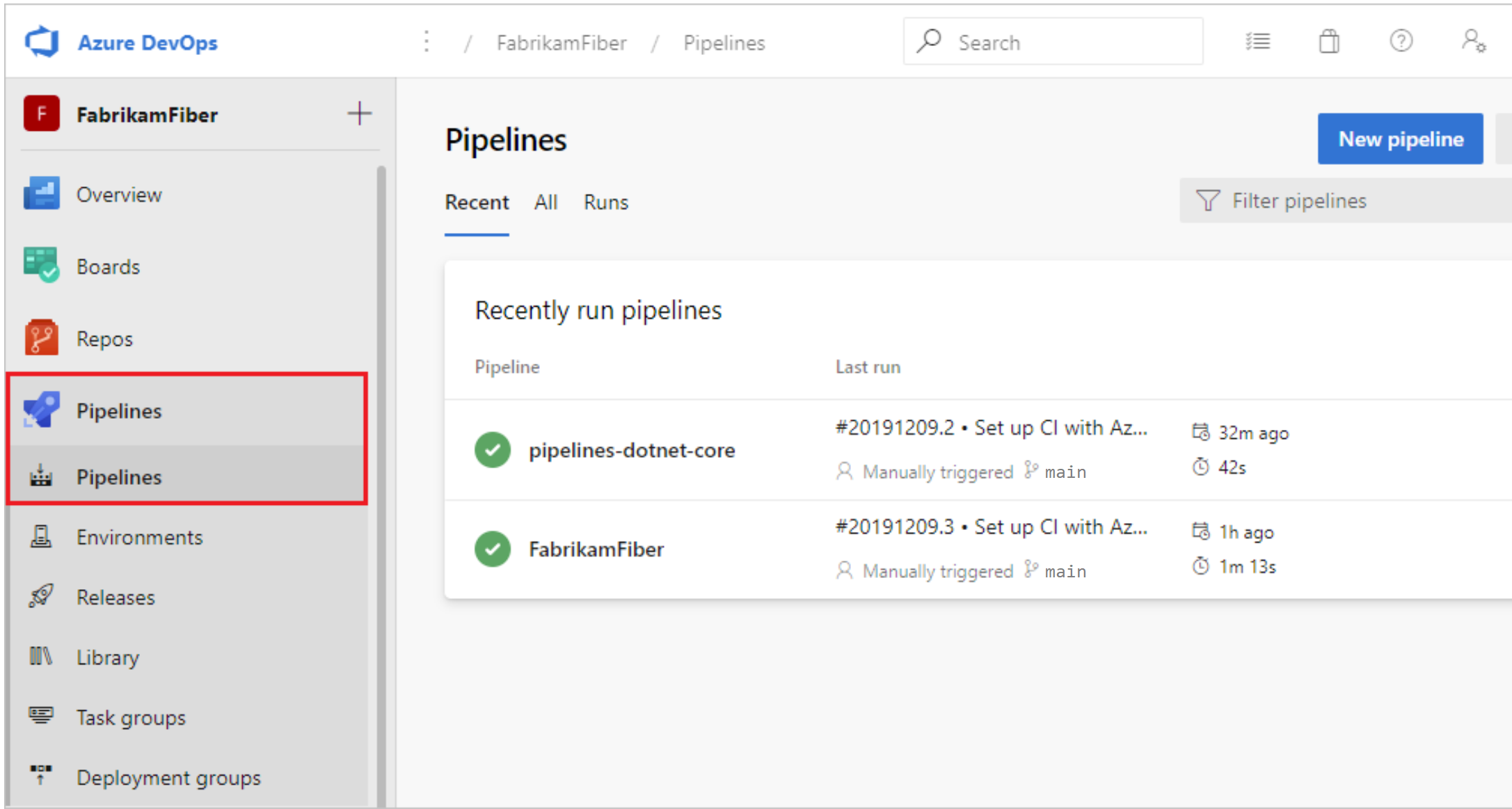 Captura de tela da visão geral do Azure Pipelines.