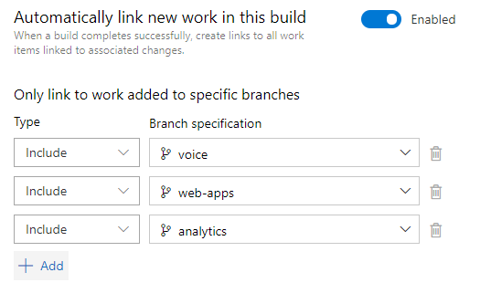 Captura de tela das configurações de propriedade de Vincular itens de trabalho automaticamente neste build.