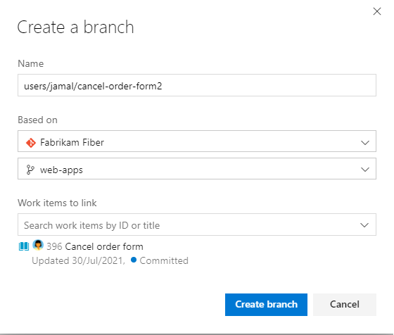 Caixa de diálogo Criar branch do formulário de item de trabalho.