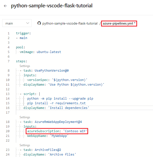 Captura de tela da configuração de conexão de serviço YAML.