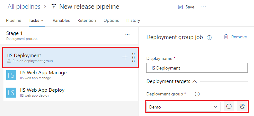 Uma captura de tela mostrando como configurar o grupo de implantação do IIS.