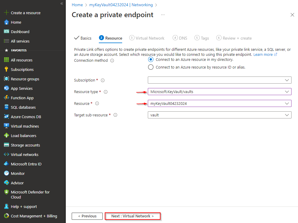 Uma captura de tela mostrando como configurar a guia Recursos ao criar uma nova instância do ponto de extremidade privado para o Azure Key Vault.