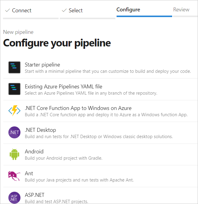 Lista de modelos a serem escolhidos para configurar seu novo pipeline.