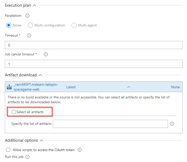 Uma captura de tela que mostra como ignorar o download automático de artefatos em um pipeline de lançamento Clássico no Azure DevOps Services.