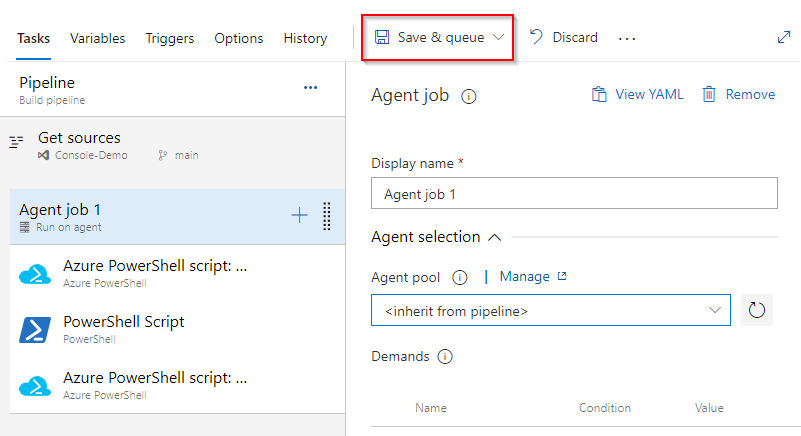 Captura de tela exibindo um pipeline clássico para adicionar regras de firewall e executar scripts SQL.