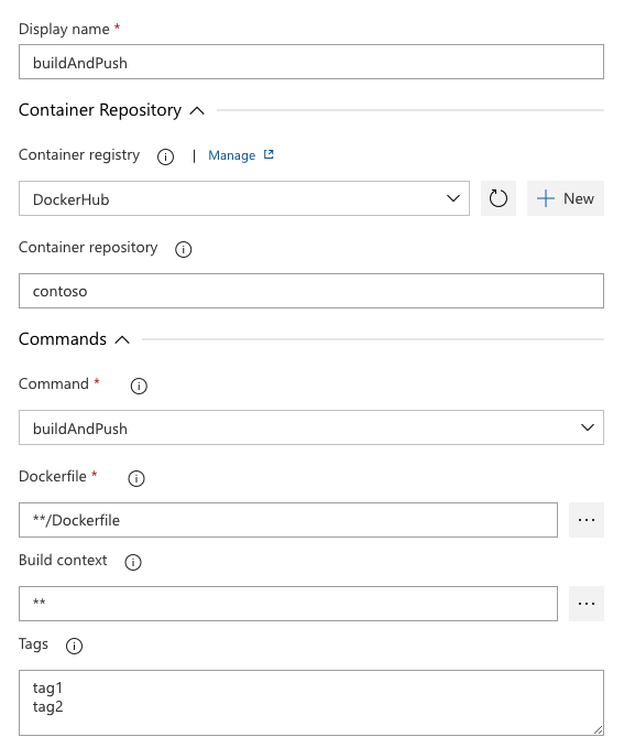 Captura de tela da tarefa clássica compilar e efetuar push do Docker.