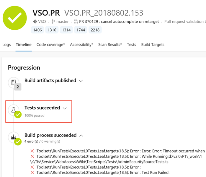 Exibir o teste na exibição da linha do tempo de build