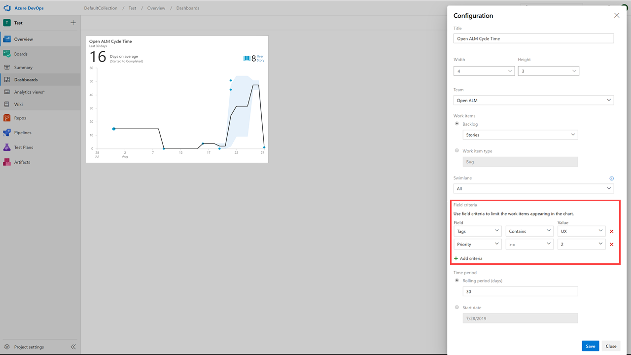 Filtros de item de trabalho para limitar os itens de trabalho que aparecem no gráfico.