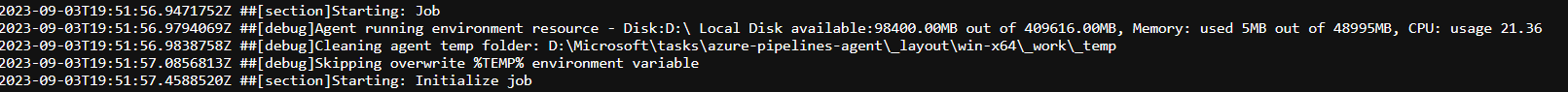 Captura de tela de logs, incluindo recursos usados pelo pipeline.