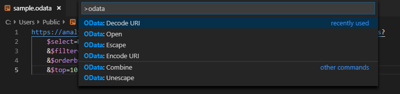 Captura de tela que mostra a paleta de comandos para a extensão OData do Visual Studio Code.