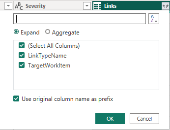 Captura de tela da coluna Links do Power BI, expanda as opções. 