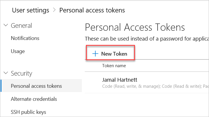 Captura de tela da criação de um token de acesso pessoal no Azure DevOps Server.