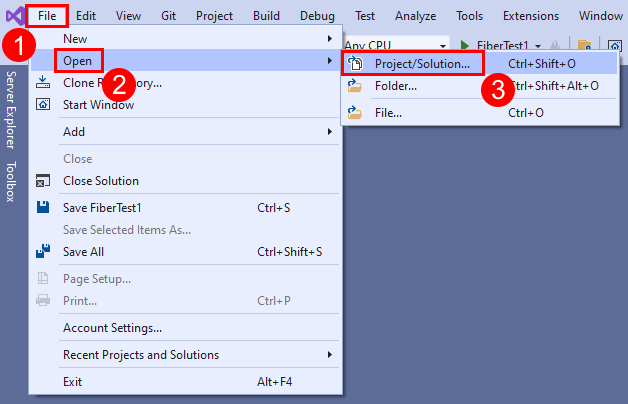 Captura de tela da opção Abrir Solução no menu Arquivo no Visual Studio.