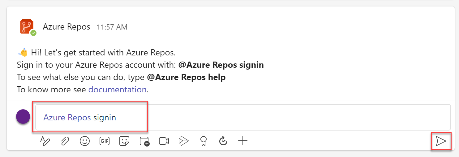 Captura de tela mostrando a entrada de entrada do Teams para o Azure Repos.