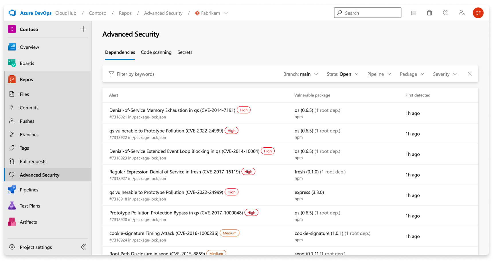 Captura de tela do modo de exibição de alerta de verificação de dependência para um repositório