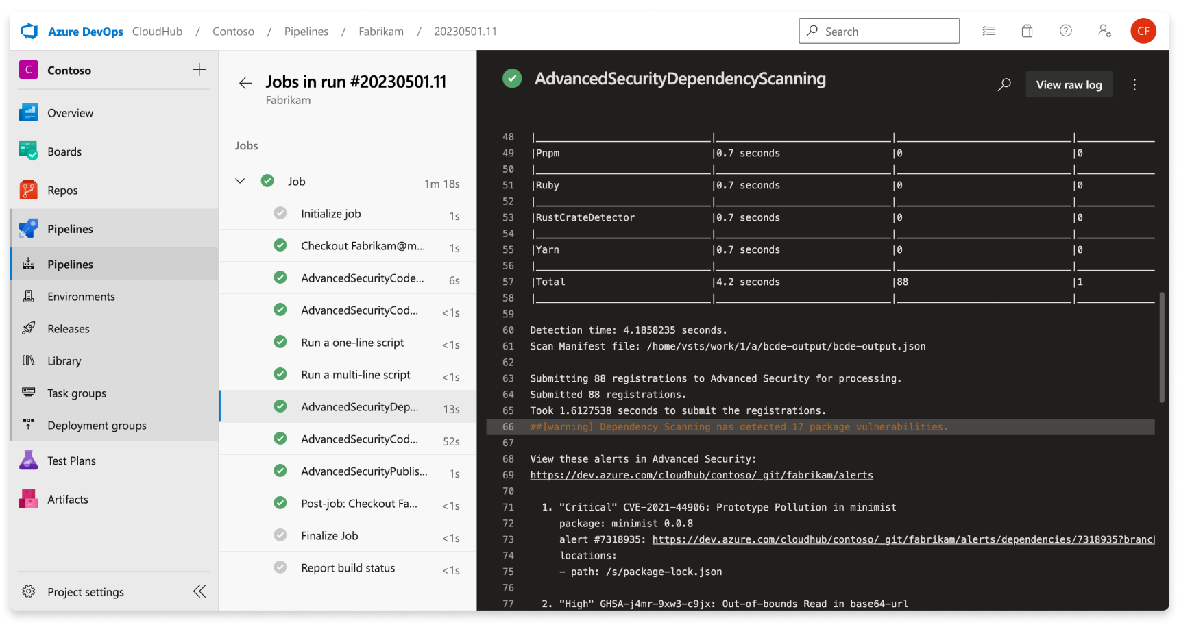 Captura de tela de uma saída de build de verificação de dependência