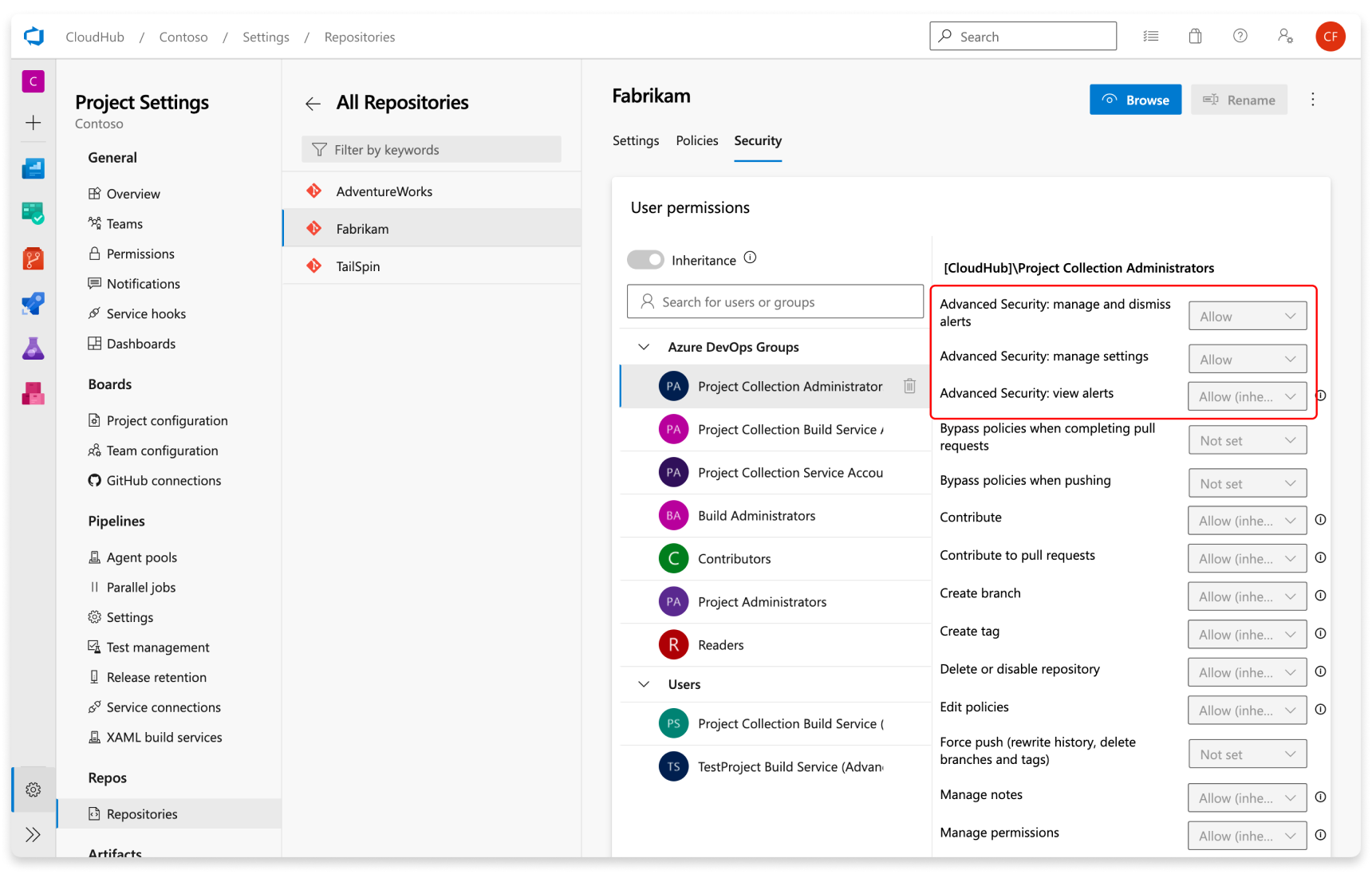 Captura de tela do ajuste de permissões para um repositório específico