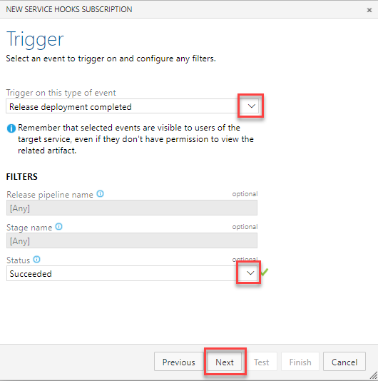 Captura de tela dos campos de configuração para disparar o evento no Azure DevOps.