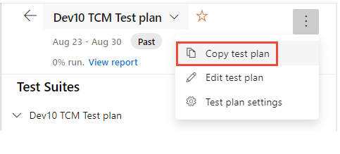 Captura de tela mostrando o menu Mais ações do plano de teste, opção de cópia do plano de teste.