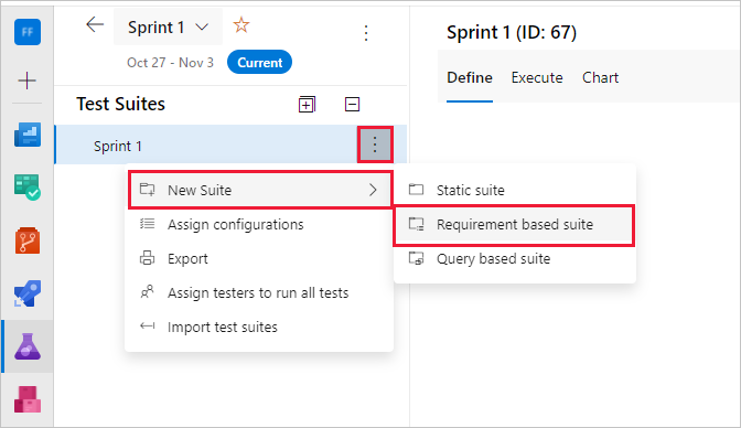 A captura de tela mostra a criação de um conjunto de testes baseado em requisitos para Azure DevOps Server 2020 e Azure DevOps Services.